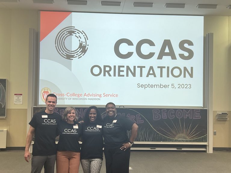 Picture of CCAS Orientation presenters i front of screen